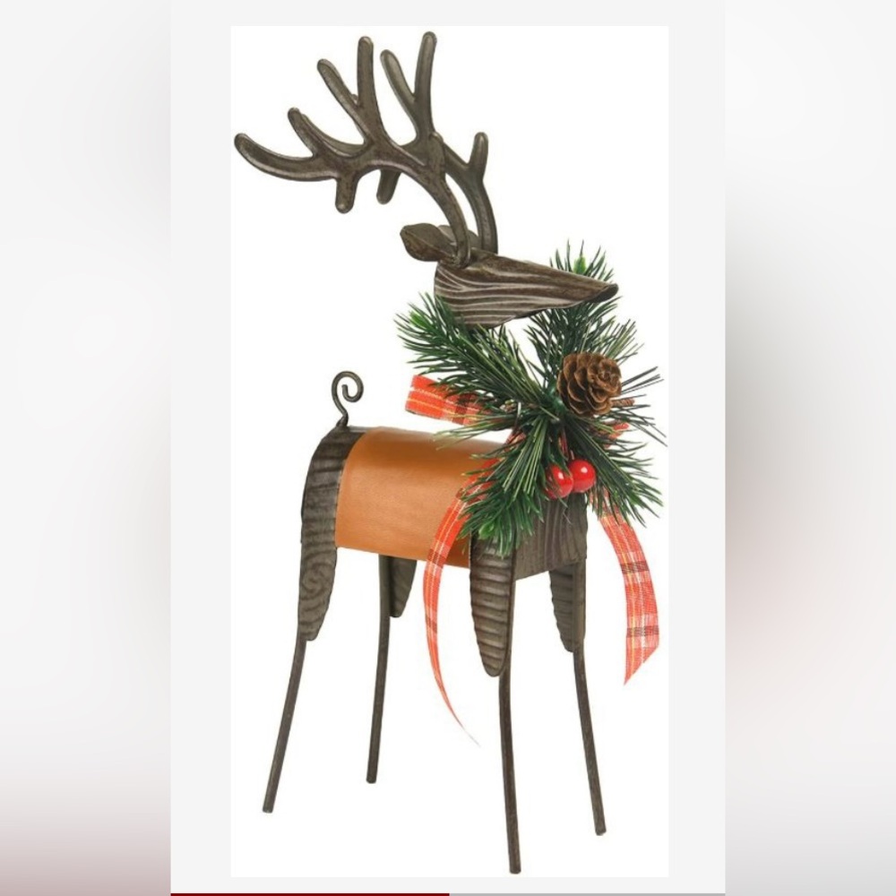 FestiveTabletop Brown Reindeer with Greenery and Red Accents, Christmas Decor